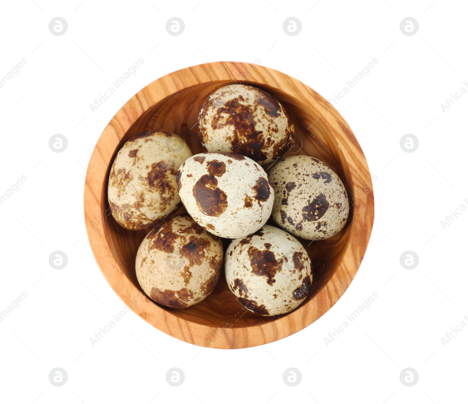 Photo of Wooden bowl with quail eggs isolated on white, top view