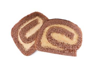 Photo of Slices of tasty chocolate cake roll with cream on white background, top view