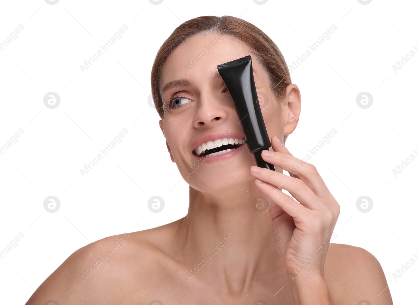 Photo of Woman holding tube with foundation on white background