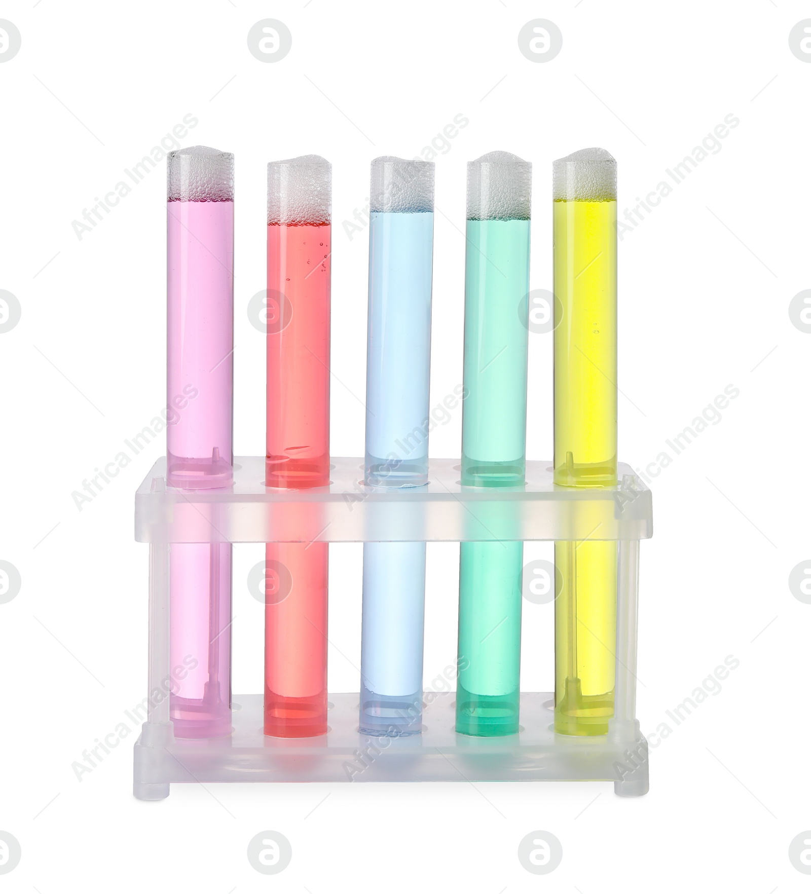 Photo of Test tubes with colorful liquids isolated on white. Chemical reaction