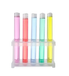Photo of Test tubes with colorful liquids isolated on white. Chemical reaction