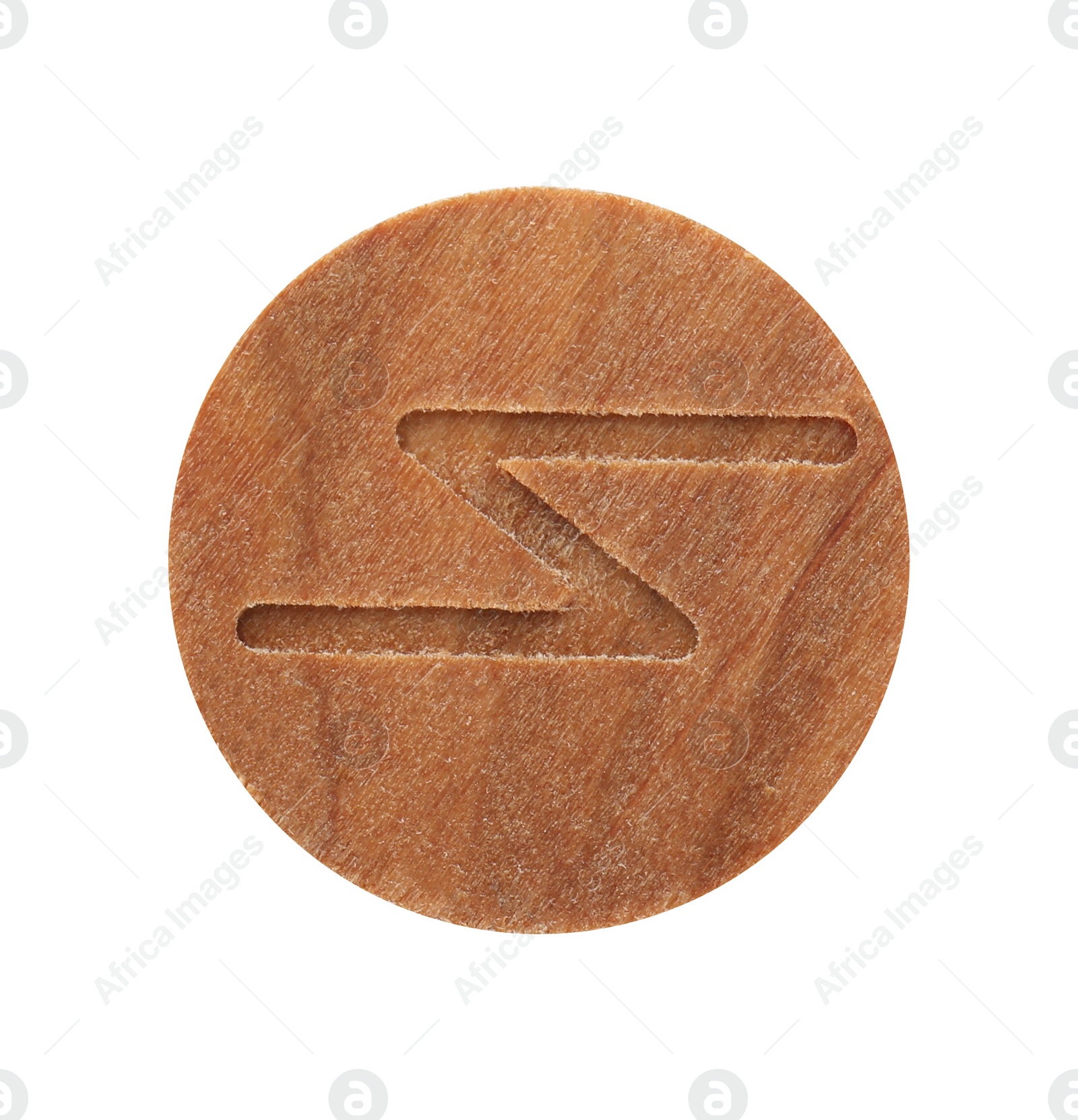 Photo of Wooden rune Sowilo isolated on white, top view