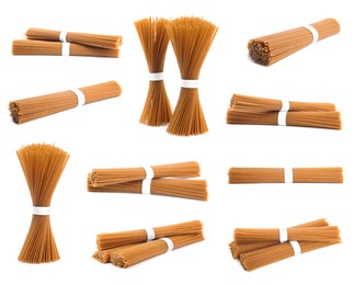 Image of Set with tied uncooked buckwheat noodles on white background