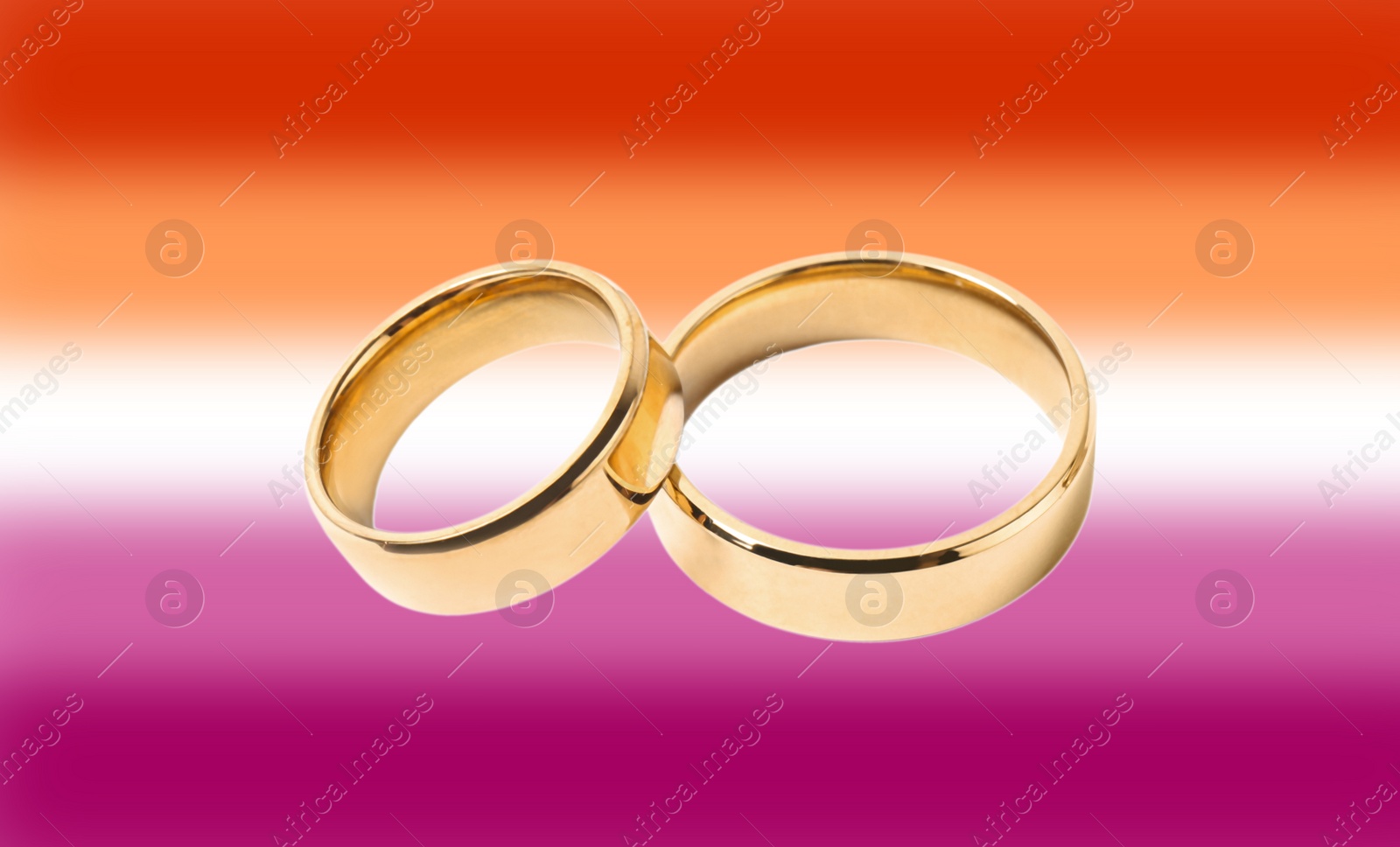 Image of Golden wedding rings on background in color of lesbian flag