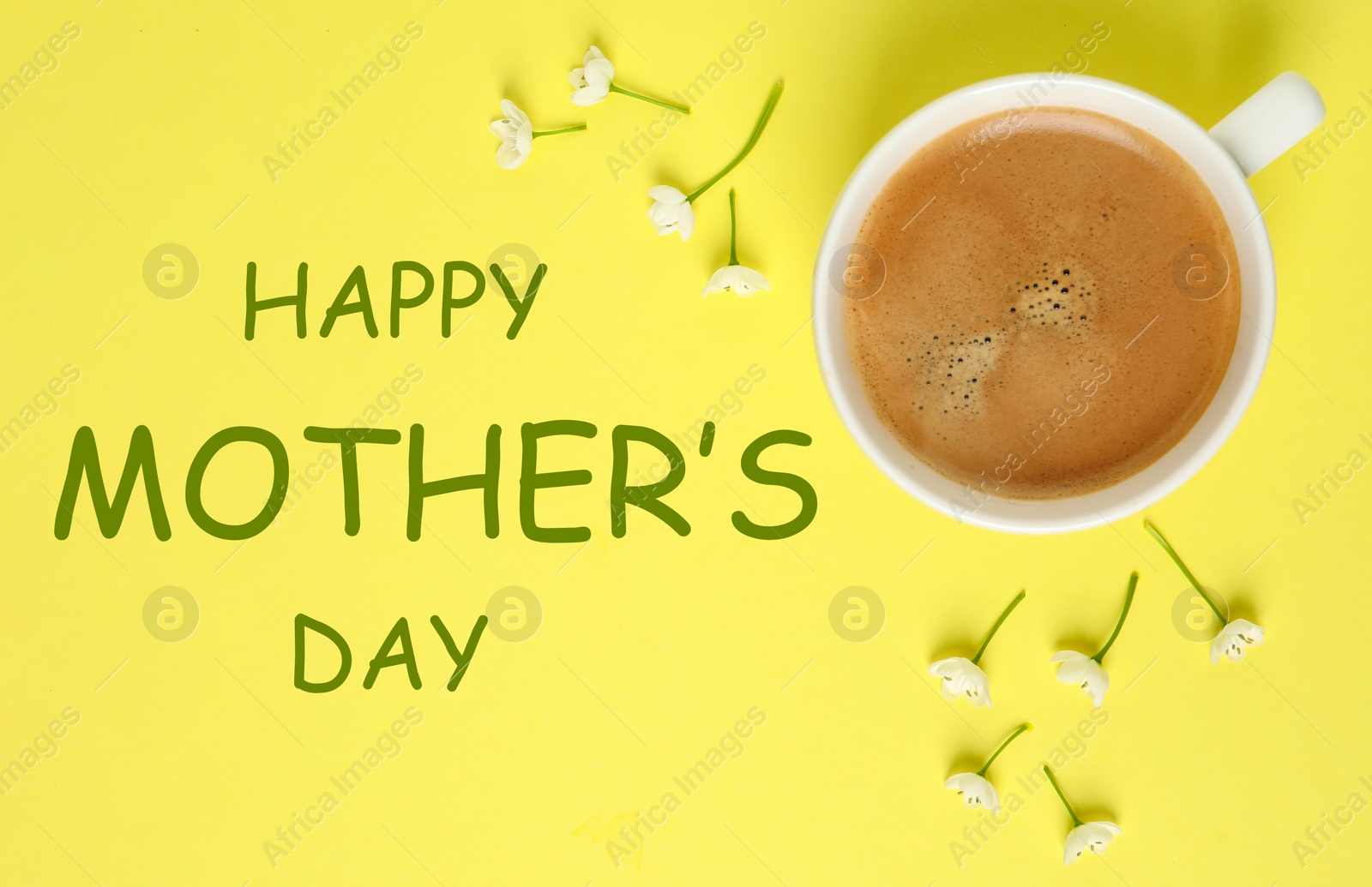 Image of Phrase HAPPY MOTHER'S DAY, flowers and cup of coffee on yellow background, flat lay