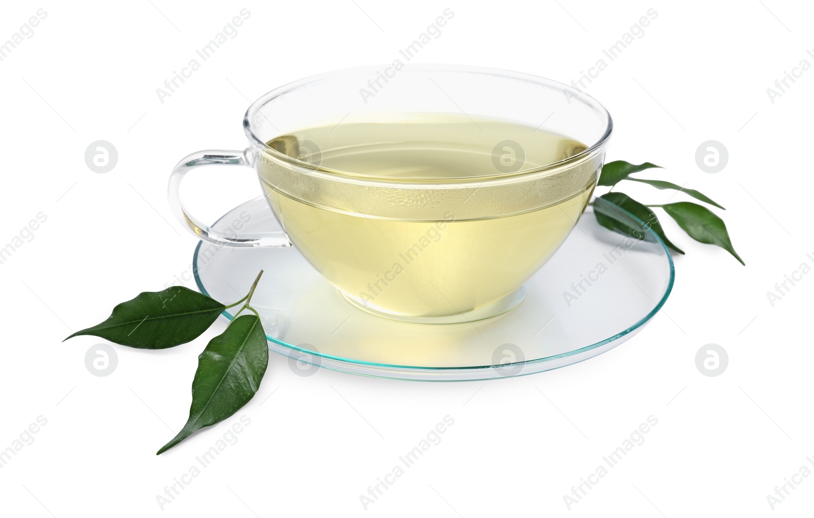 Photo of Refreshing green tea in cup and leaves isolated on white