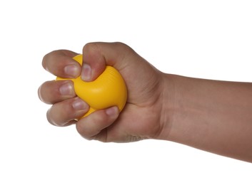 Photo of Man squeezing yellow stress ball on white background, closeup