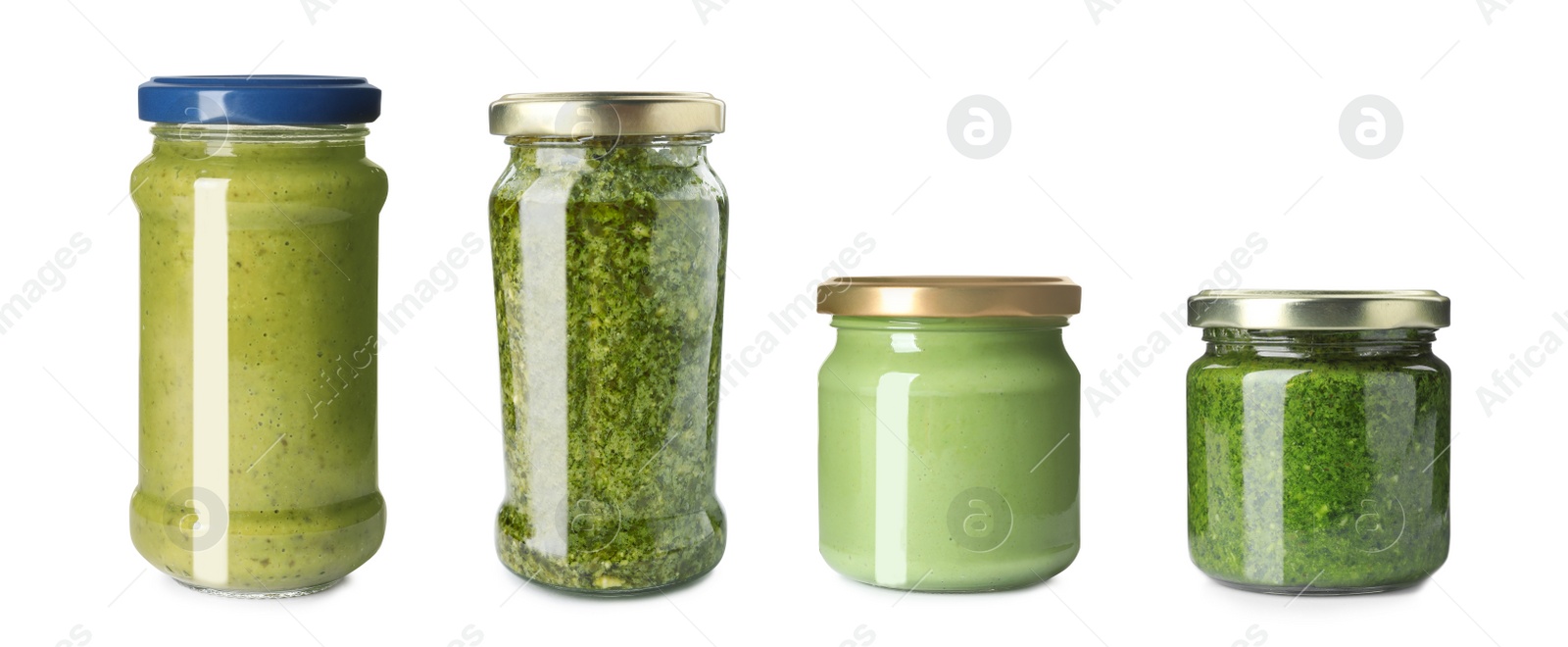 Image of Set with delicious sauces in glass jars on white background. Banner design