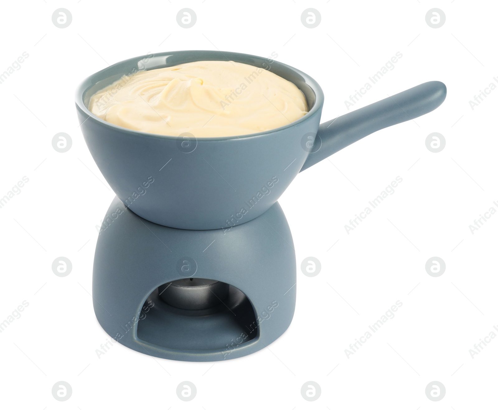 Photo of Fondue with tasty melted cheese isolated on white