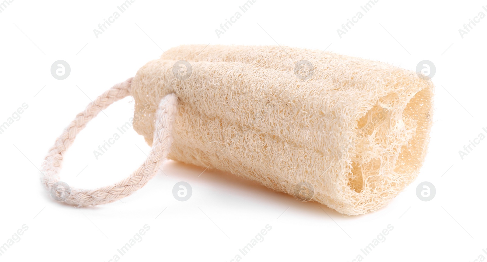 Photo of Loofah sponge isolated on white. Personal hygiene product