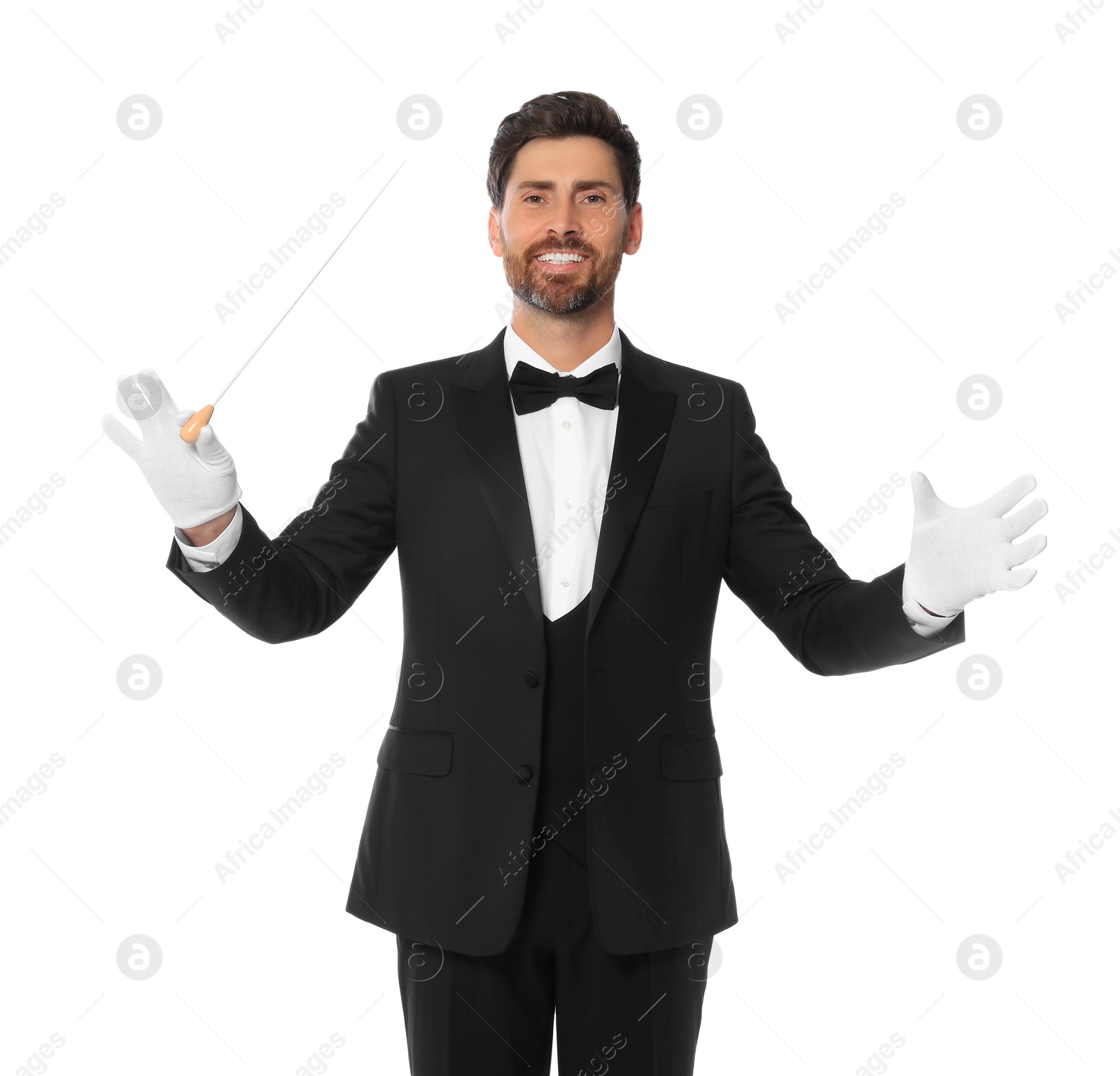 Photo of Happy professional conductor with baton on white background