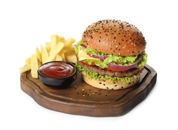 Photo of Burger with delicious patty, french fries and sauce isolated on white