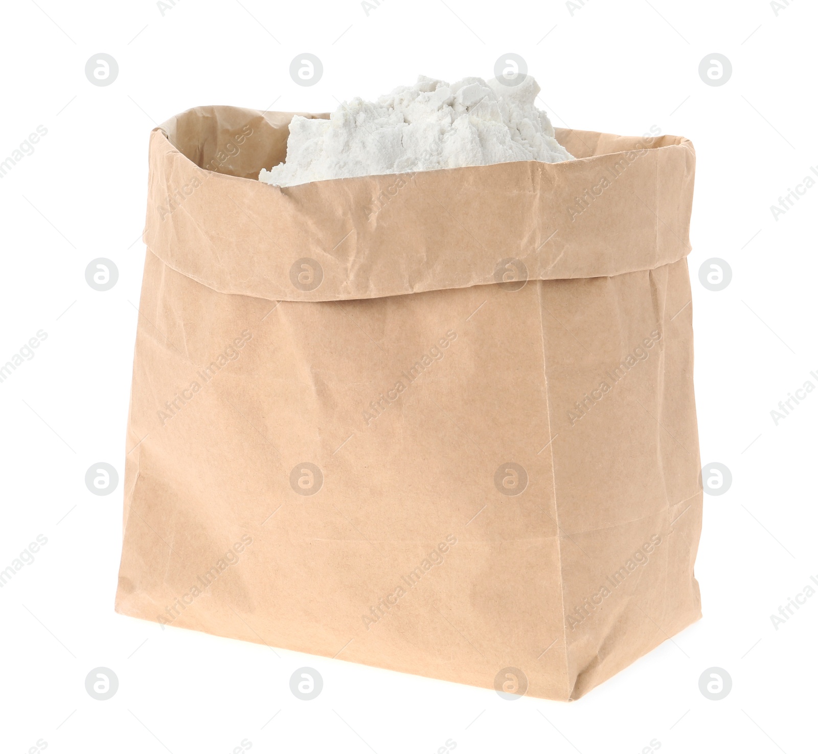 Photo of Organic flour in paper bag isolated on white