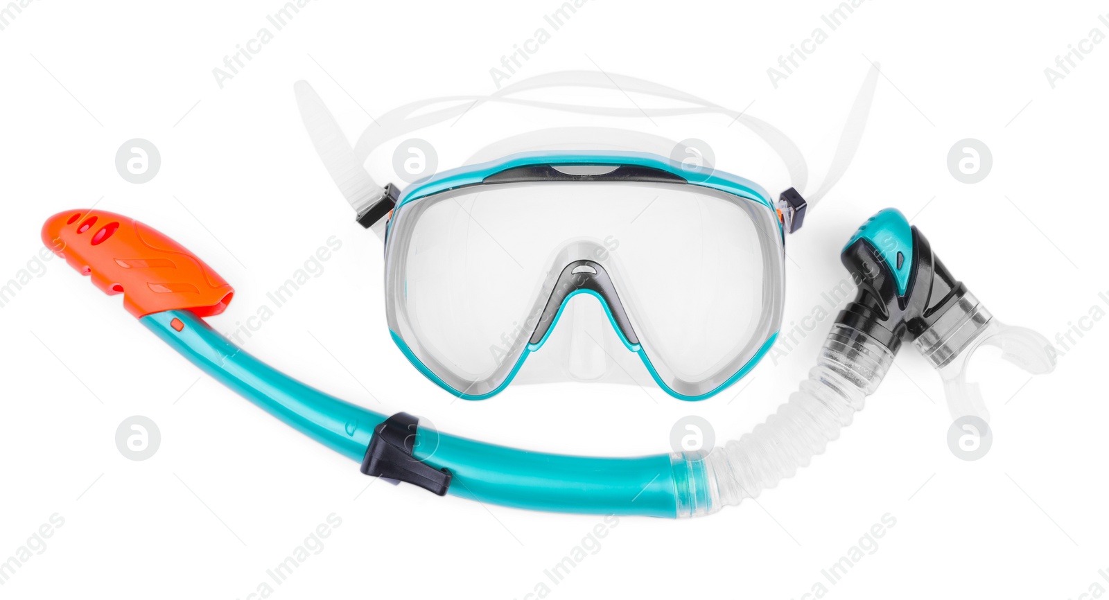 Photo of Turquoise diving mask and snorkel isolated on white, top view. Sports equipment