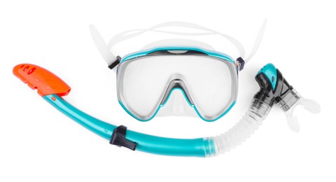 Turquoise diving mask and snorkel isolated on white, top view. Sports equipment
