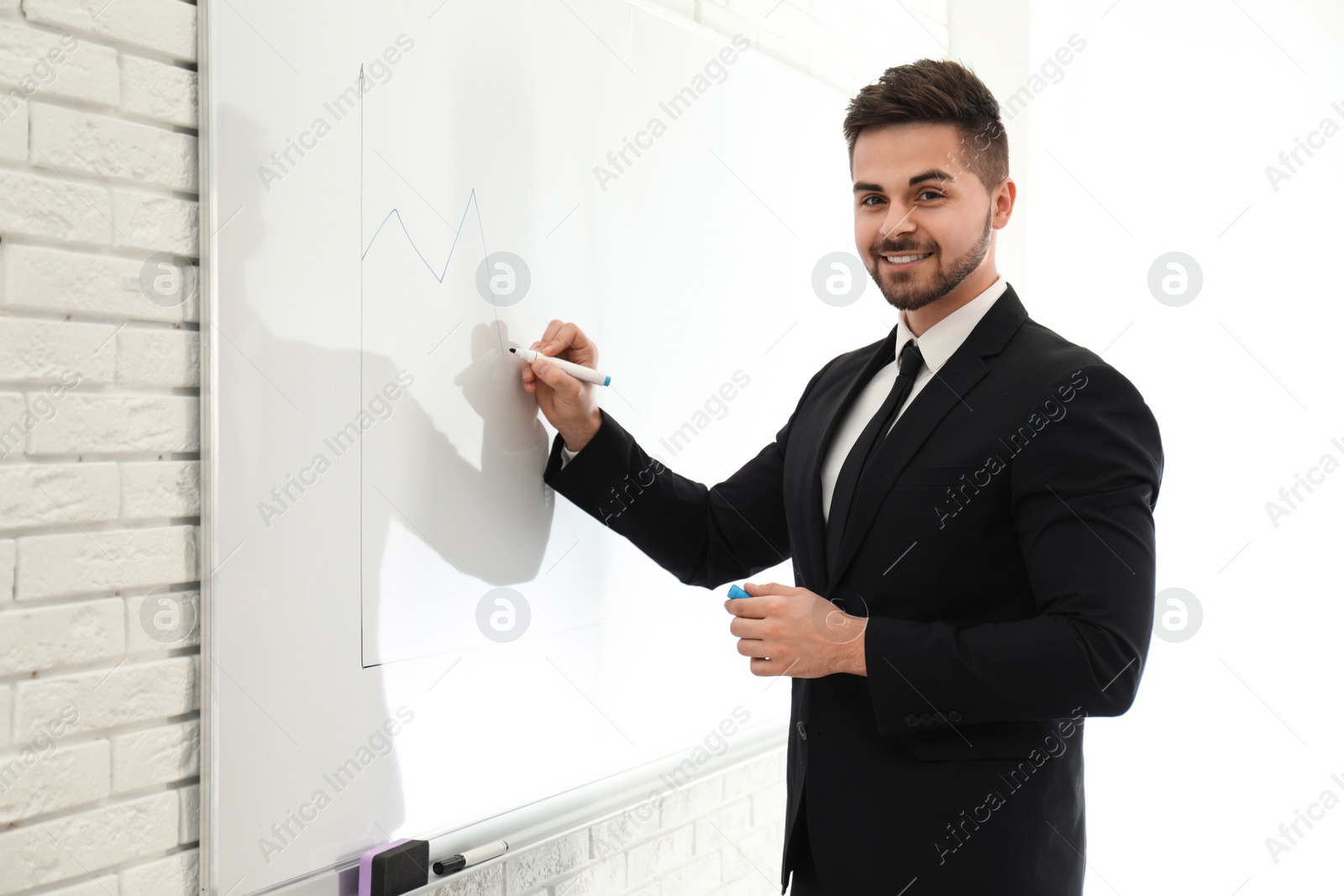 Photo of Professional business trainer near whiteboard in office