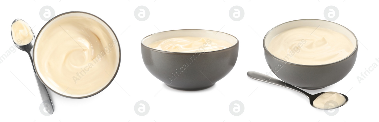 Image of Set with tasty mayonnaise on white background. Banner design