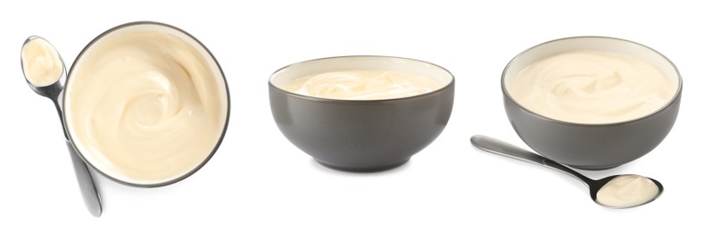 Image of Set with tasty mayonnaise on white background. Banner design