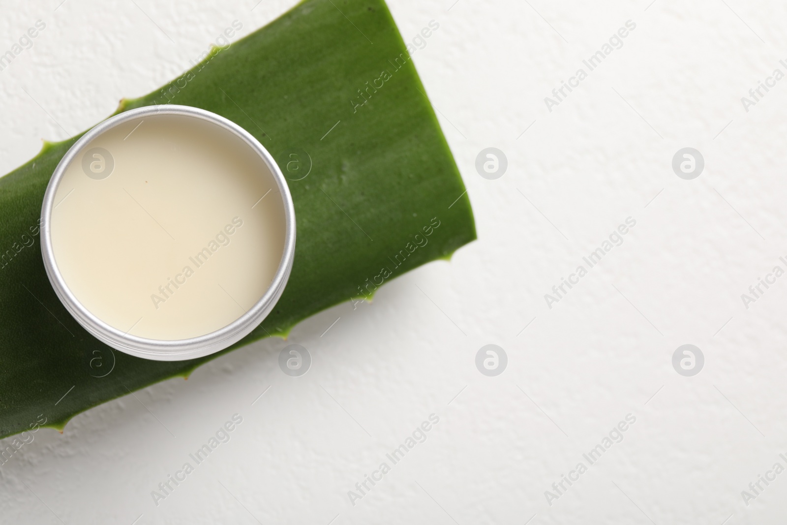 Photo of Lip balm and aloe vera plant on white background, top view. Space for text