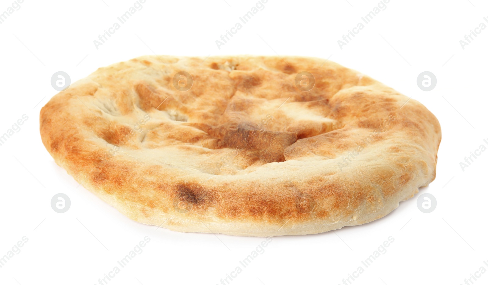 Photo of Loaf of delicious fresh pita bread on white background