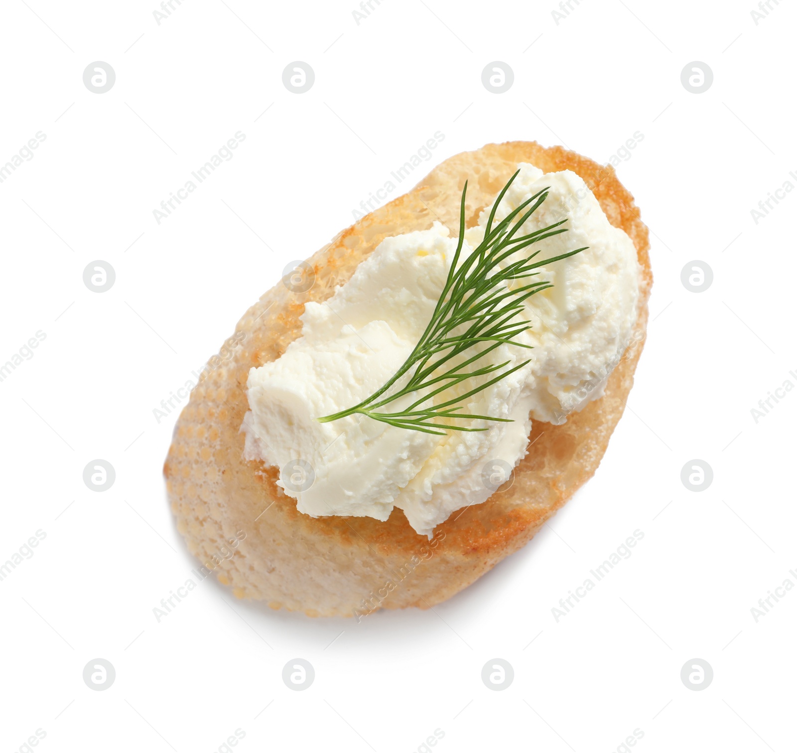 Photo of Piece of baguette with tasty cream cheese and dill on white background, top view