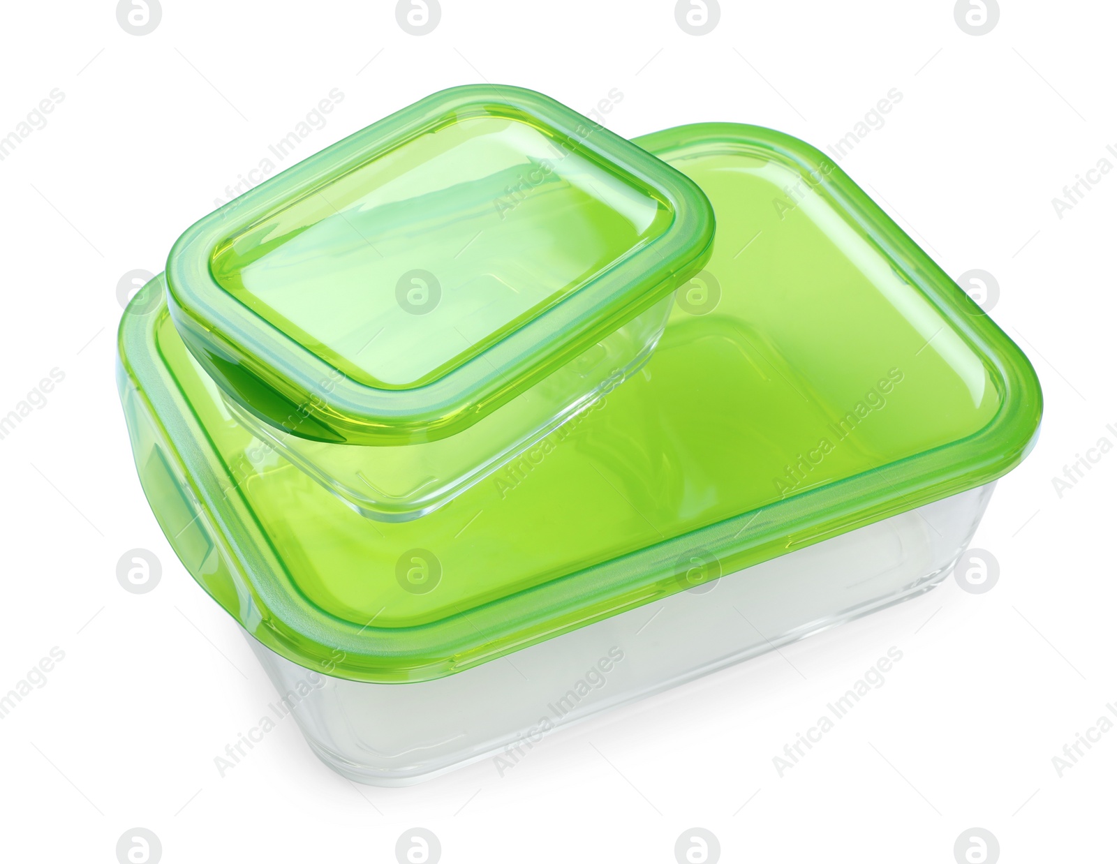 Photo of Two empty glass containers for food on white background