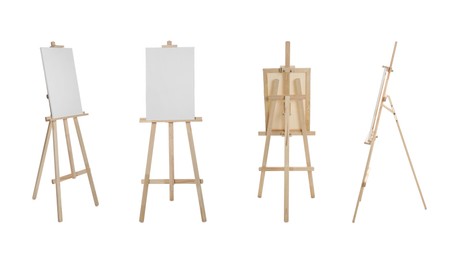 Image of Set with wooden easels on white background. Banner design