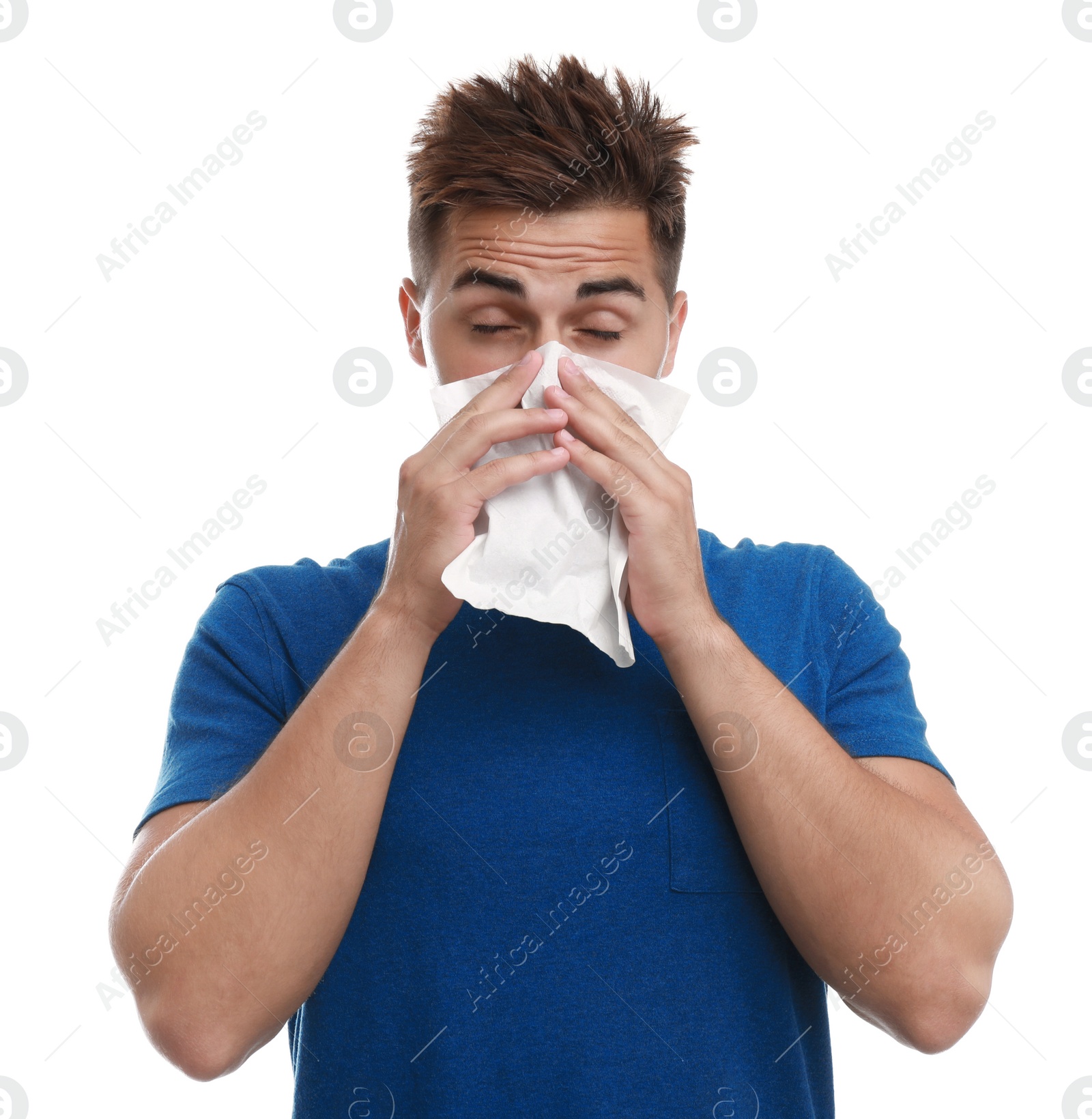 Photo of Young man suffering from allergy on white background