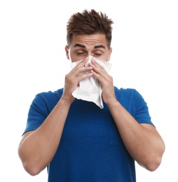 Photo of Young man suffering from allergy on white background