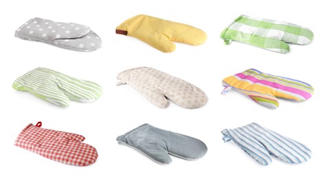 Image of Set with different oven gloves on white background. Banner design