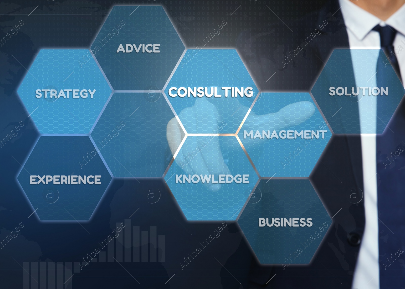 Image of Consulting concept. Man pointing at icons on virtual screen, closeup