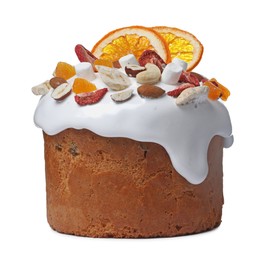 Photo of Traditional Easter cake decorated with dried fruits and nuts isolated on white