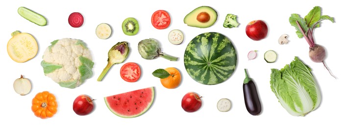 Collage with many vegetables and fruits on white background, top view