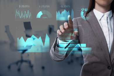 Image of Business analytics. Woman and virtual screen with graphs in office, closeup 