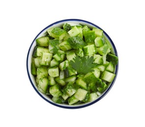 Photo of Bowl of delicious cucumber salad isolated on white, top view