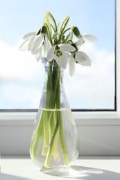 Photo of Beautiful snowdrop flowers in glass vase on windowsill