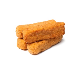 Photo of Pile of tasty cheese sticks isolated on white