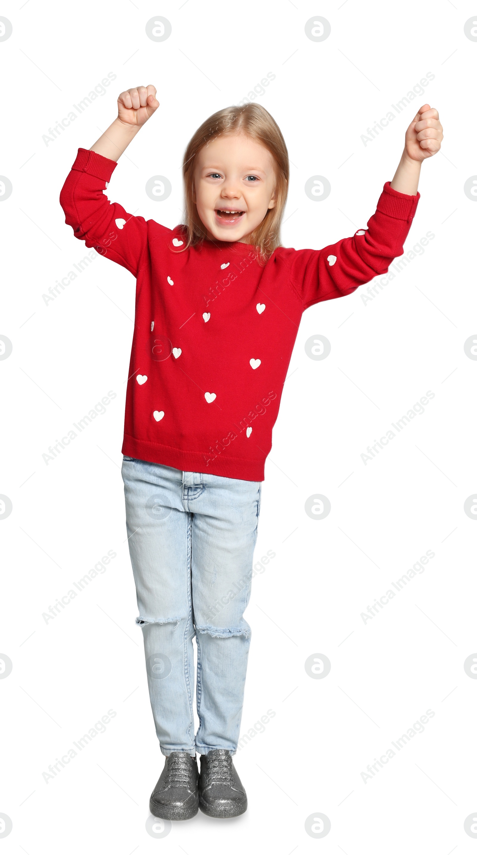 Photo of Cute little girl posing on light grey background