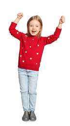 Cute little girl posing on light grey background