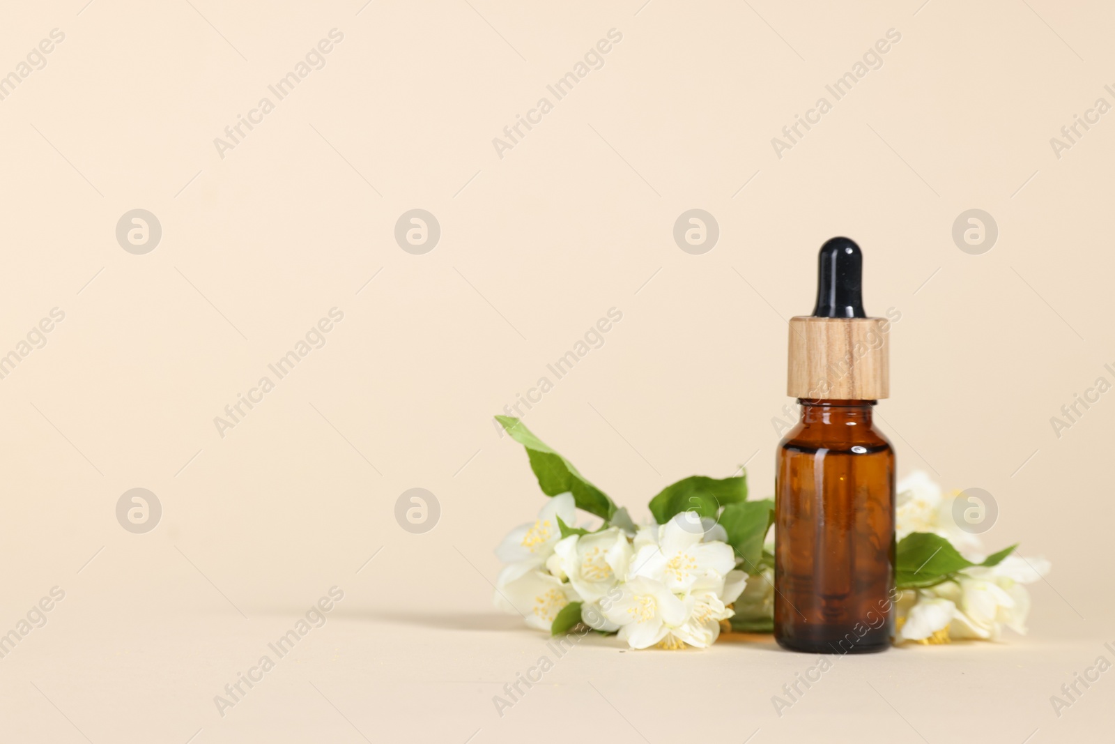 Photo of Essential oil in bottle and beautiful jasmine flowers on beige background, space for text