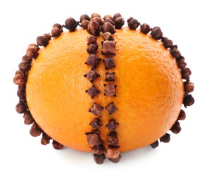 Photo of Pomander ball made of tangerine with cloves isolated on white