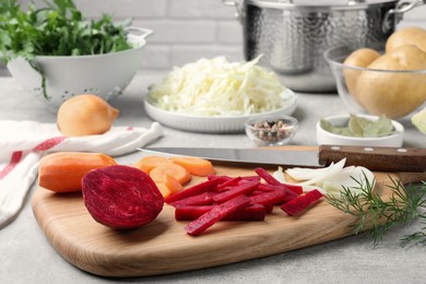 Fresh ingredients for borscht on light grey table