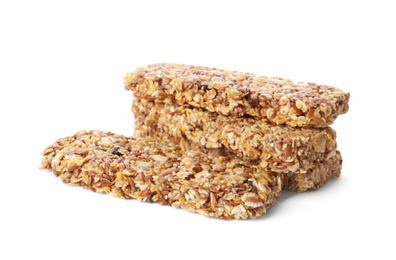 Crunchy granola bars on white background. Healthy snack