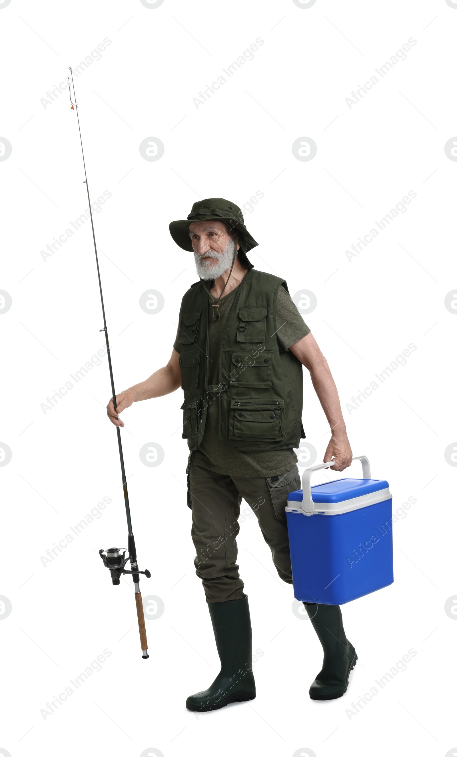 Photo of Fisherman with fishing rod and cool box isolated on white