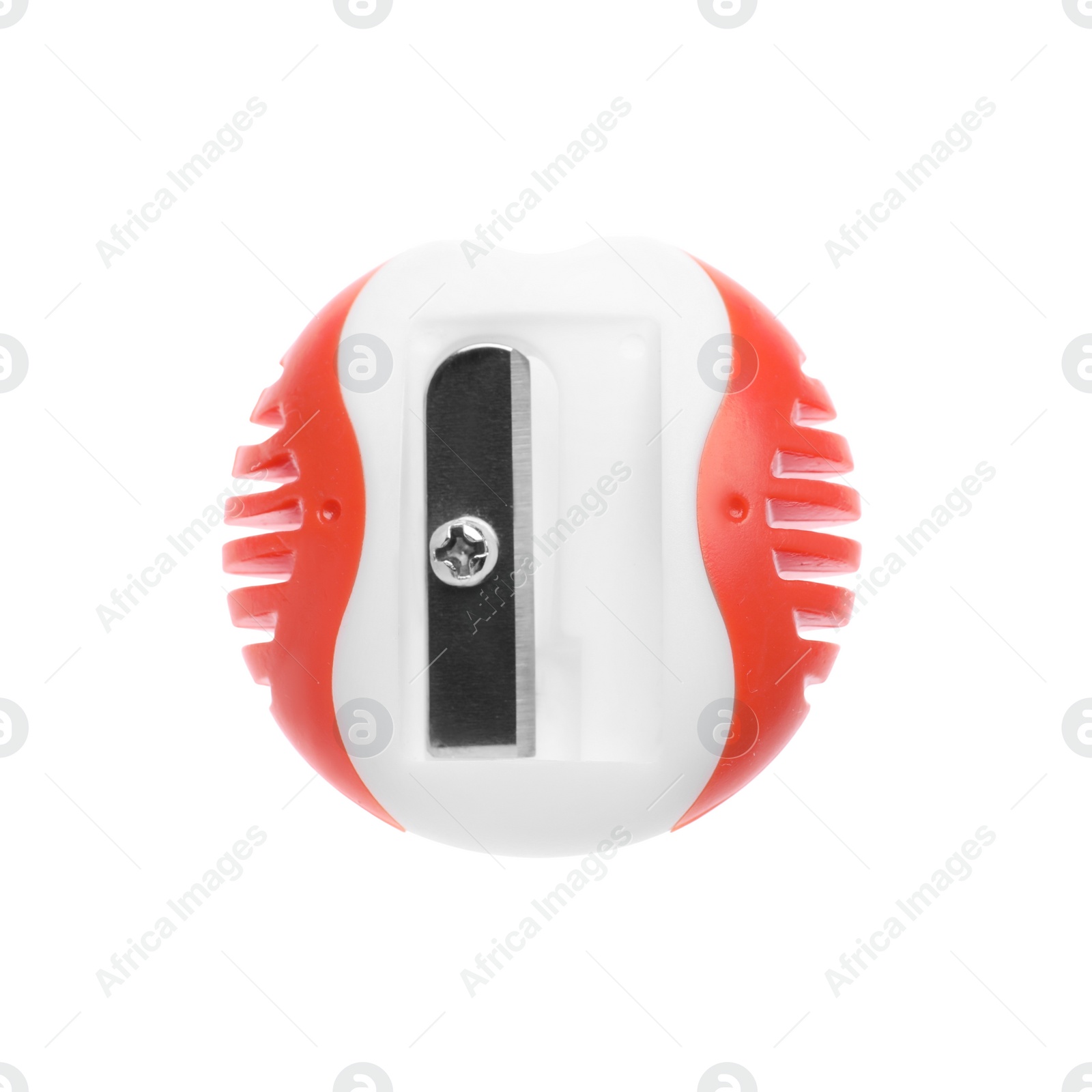 Photo of Modern pencil sharpener isolated on white, top view. School stationery