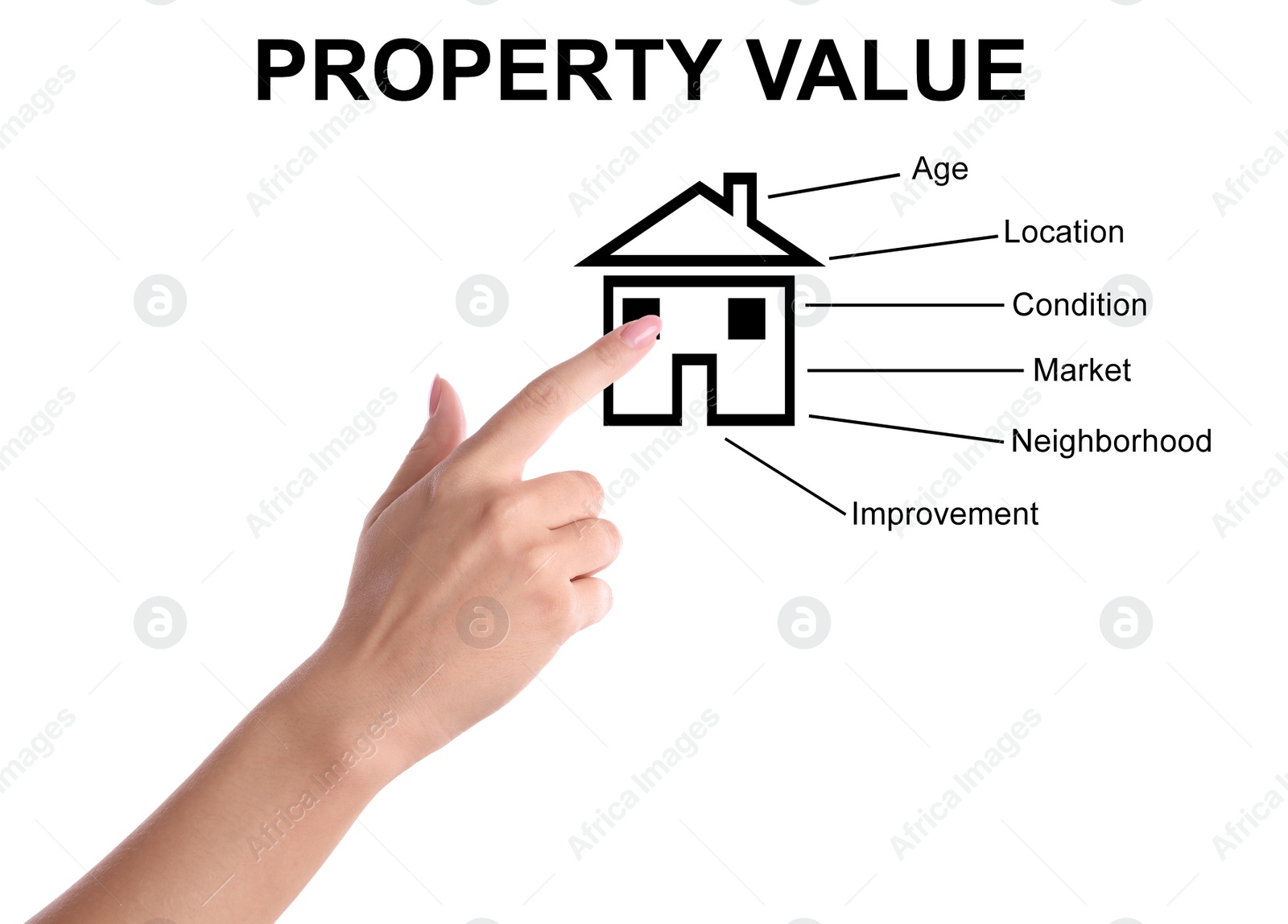 Image of Real estate agent showing house illustration on white background, closeup. Property value concept