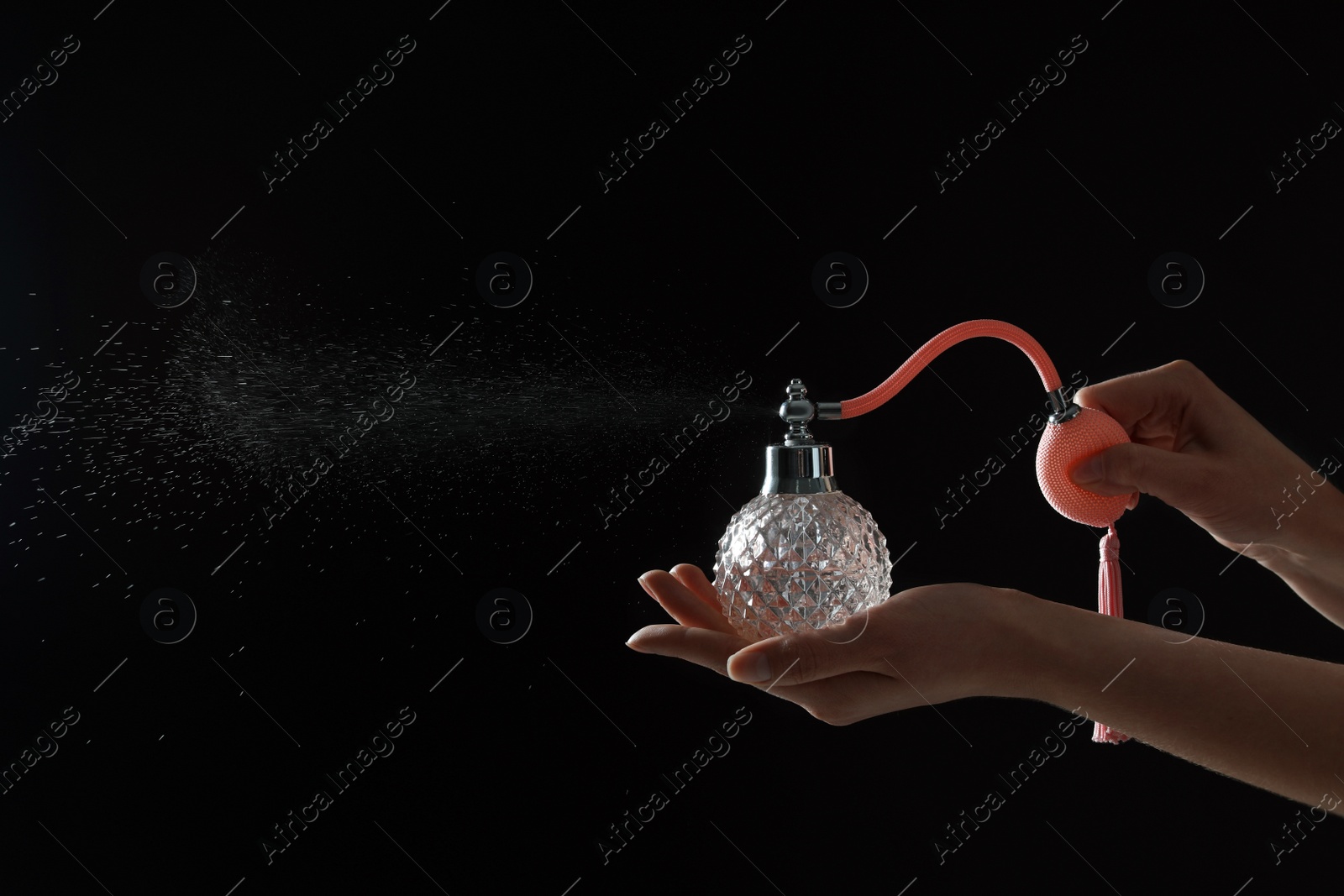 Photo of Woman holding bottle of luxury perfume on black background, closeup. Space for text