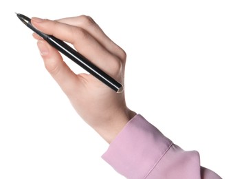 Photo of Woman holding pen on white background, closeup of hand