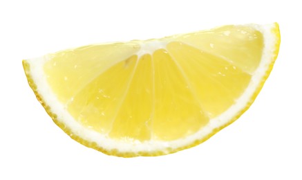 Photo of Lemon wedge isolated on white. Citrus fruit