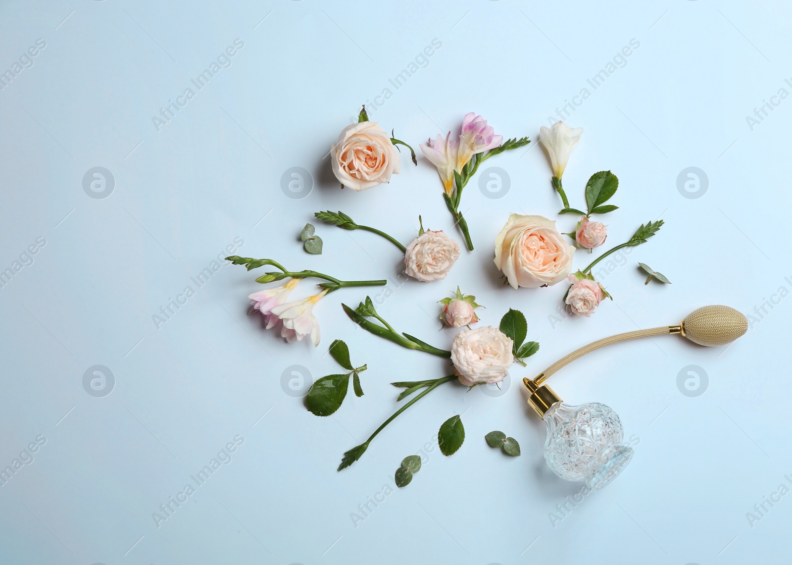 Photo of Beautiful composition with bottle of perfume and flowers on white background, flat lay. Space for text